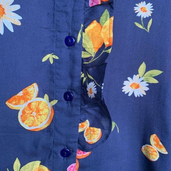 Wayward Fancies eShakti Navy Blue Citrus Print Button-Down Blouse Ruffled Collar - Picture 4 of 9